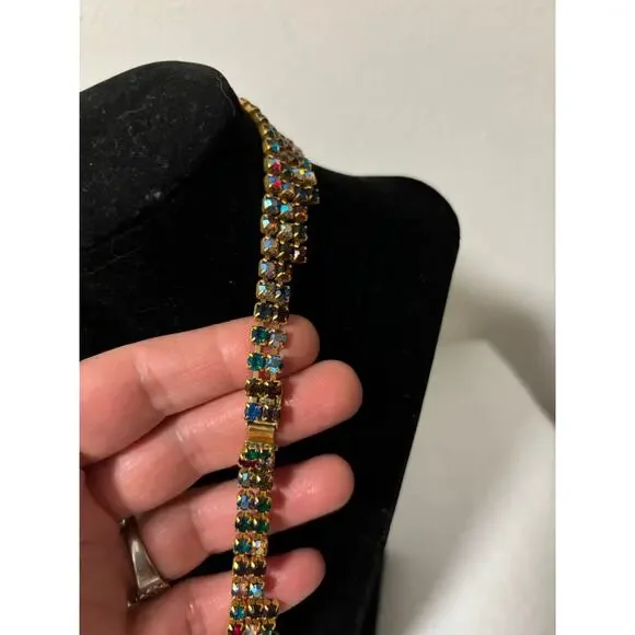 Vintage 70's Necklace Multicolor Aurora Borealis Crystals Gold Tone Stunning - Picture 3 of 7